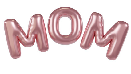 Happy Mother's Day balloons, Mom Text Metallic rose gold foil balloons. 3D Illustration Pink Helium balloons.