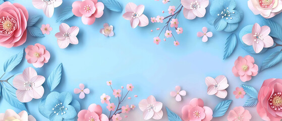 A blue background with pink flowers and blue leaves. The flowers are in various sizes and are scattered throughout the image. Scene is one of beauty and tranquility