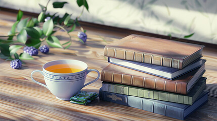 Neatly Stacked Wellness Books with Herbal Tea Cup - obrazy, fototapety, plakaty