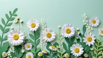 Paper Cut Style Chamomile Flowers. Paper flower Daisies in the Grass on Green Background. Spring Holiday Craft for Greeting Card with Copy Space