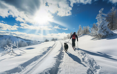 Naklejka na ściany i meble skiing in the mountains with dog