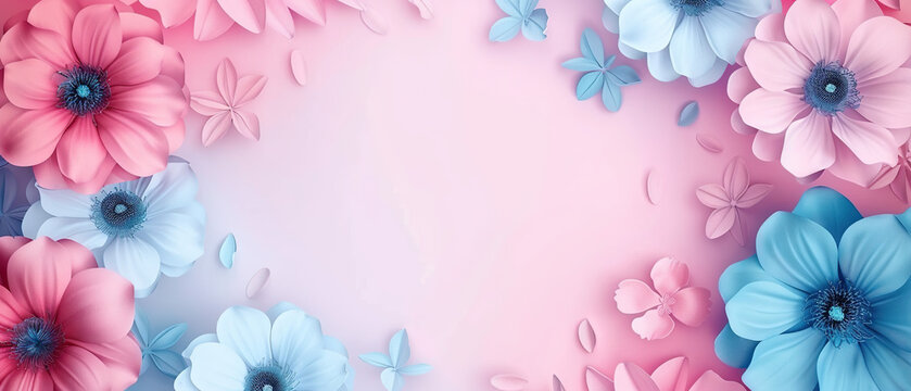 A pink and blue flowery background with a pink and blue flower in the center