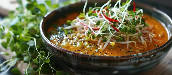 Vegetarian curry soup with sprouts as a side dish - obrazy, fototapety, plakaty
