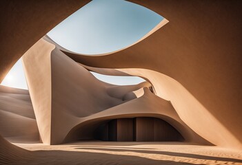 unique architectural structure with a large, arched opening. The walls are curved and sandy beige in color. walls and ceiling create a wave-like pattern. - 766926575