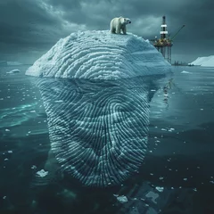 Fotobehang an isolated, melting and floating, human finger print ice cap, with an oil-rig in de sea and a polar bear walking over the ice cap © Wendelin