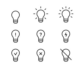 Bulb light different, line icon set. Light bulb symbol as idea concept sign. Lamp simple outline. Vector illustration