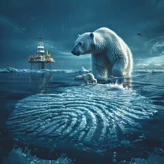 Tuinposter an isolated, melting and floating, human finger print ice cap, with an oil-rig in de sea and a polar bear walking over the ice cap © Wendelin