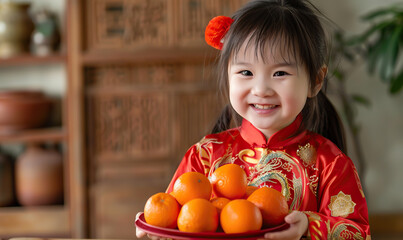 A young girl wearing a red Chinese dress is holding a tray of oranges. She is smiling and she is happy