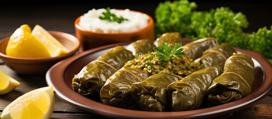 A delicious dish of stuffed grape leaves with rice and lemon slices, a comforting comfort food...