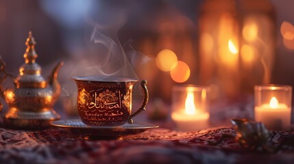 A dynamic shot of a traditional Arabic tea set with the words "Ramadan Mubarak" beautifully inscribed on the cup.