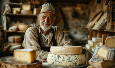 Artisan cheese maker with a variety of cheeses in a traditional cheese shop. Handcrafted produce and gourmet food concept for design and print. Portrait of a craftsman in a rustic setting