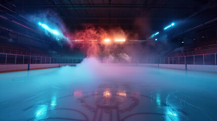 A hockey rink with smoke and lights in the background. The smoke is purple and the lights are blue and red