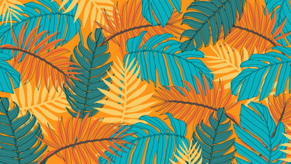 Summer bright tropical vector design with monstera leaves, fern and other tropical plants. Tropical background, wallpaper, postcard, poster, banner