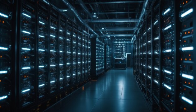 This data center aisle exudes a futuristic vibe with its blue lighting and neatly arranged server racks. The photo reflects the intersection of design and technology. AI generation