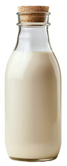 Glass milk bottle with cork stopper on transparent background - stock png.