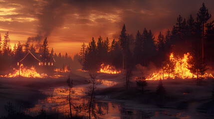 burning vilage in the evening burning forest. Photoreal