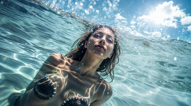 Woman with brown hair is underwater