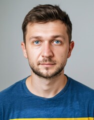 Fototapeta premium ID Photo: Ukrainian Man in Ukrainian Flag-inspired T-shirt for Passport 03