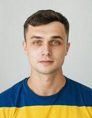 ID Photo: Ukrainian Man in Ukrainian Flag-inspired T-shirt for Passport 01