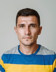 ID Photo: Ukrainian Man in Ukrainian Flag-inspired T-shirt for Passport 05