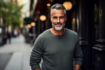 Portrait of a handsome middle-aged man with beard and mustache in the city - obrazy, fototapety, plakaty