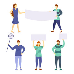 A crowd of protesting people holding banners and posters. Men and women taking part in a political rally, parade or meeting. A group of men and women, protesters or activists. Vector illustration.