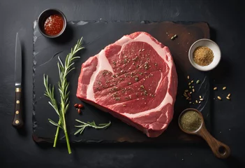 Fotobehang Raw beef steak with seasonings on white background colorful background © Fukurou