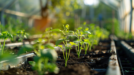 A row of plants are growing in a greenhouse. The plants are small and green, and they are growing in soil. The greenhouse is filled with sunlight, which is helping the plants grow