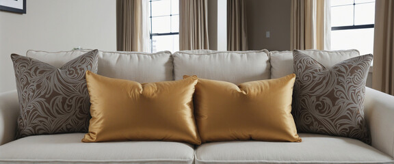 Closeup of new sofa comforter monocolor earthtone contemporary interior style with decorative pillows, headboard in living room in staging model home colorful background
