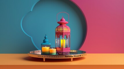 A delightful fusion of minimalism and tradition, featuring "Ramadan Mubarak" text and a captivating, colorful lantern on a flat surface.