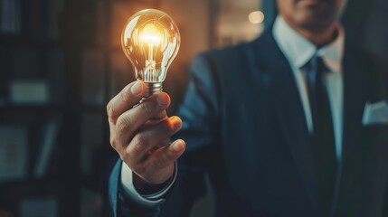 Inspirational thoughts Human hand holds a light bulb for lighting. Ideas for creativity and inspiration for sustainable business development and success generated by ai - obrazy, fototapety, plakaty