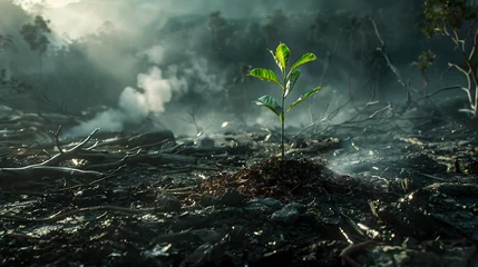 Papier Peint photo autocollant Kaki Amazon rainforest devastated by destruction, with burned trees, smoke and trash
