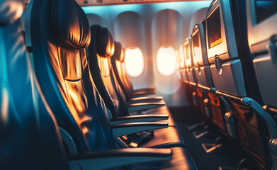 Airborne Comfort: Modern Airplane's Empty Passenger Seats - obrazy, fototapety, plakaty