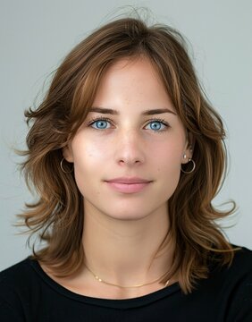 ID photo of a woman with brown hair and blue eyes on a light gray background