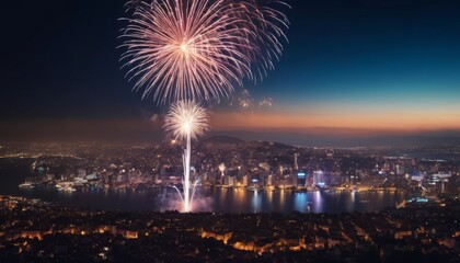 A harbor city's night sky is ablaze with a solitary, stunning firework, its reflection shimmering on the water's surface. The city's evening allure is heightened by the singular burst of light and