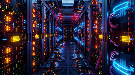 Rows of Glowing Servers with Intricate Cable Setup