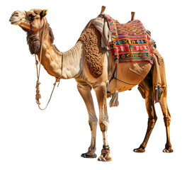 Decorated camel with traditional saddle on transparent background - stock png.