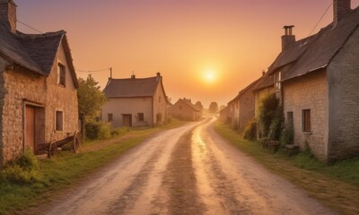 Fototapeta na wymiar A picturesque rural road bathes in the warm glow of sunset, stretching between quaint stone houses. The golden hour brings a tranquil ambiance to this serene village scene. AI generation