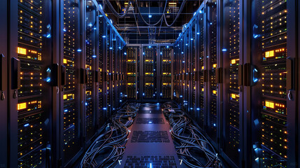 Rows of Glowing Servers with Intricate Cable Setup - obrazy, fototapety, plakaty