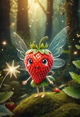 A playful strawberry character beams with life in the heart of a magic woodland. Around it, strawberry flowers bloom, casting a spell of wonder in the forest. AI generation