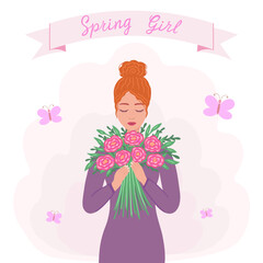 Spring girl, woman with bouquet of flowers. Vector Illustration for printing, backgrounds, covers and packaging. Image can be used for posters, stickers and textile. Isolated on white background.