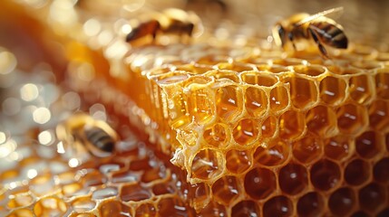 In-depth of striped bees crafting honey whilst working over a honeycomb lovely honey production and space, Generative AI. - obrazy, fototapety, plakaty