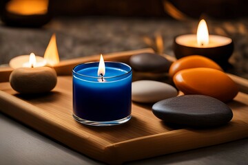 Candle with a flame, surrounded by natural stones, wax light, kerze, vela, candela, bougie, image stockphoto 
