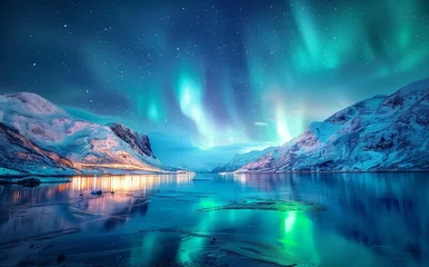 Foto op Plexiglas anti-reflex a snowy lake with snow covered mountains and a bright blue sky © klakonstudio