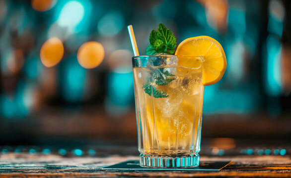 Cocktail drink on table signature drink with lemon on a bar counter