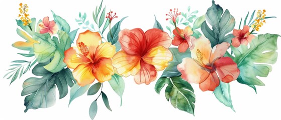 Lush watercolor tropical leaves and hibiscus, clipart isolated, for a vibrant, adventure themed nursery full of life and color - obrazy, fototapety, plakaty
