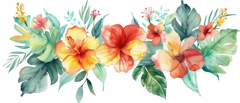 Lush watercolor tropical leaves and hibiscus, clipart isolated, for a vibrant, adventure themed nursery full of life and color