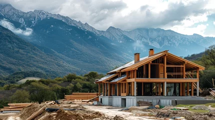 Fotobehang Construction of a wooden frame house in a picturesque mountain setting. The unfinished structure showcases the beautiful natural surroundings and the ongoing building process. © Maxim