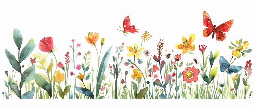 Lively watercolor garden scene with butterflies and flowers, clipart isolated, for a nature filled and vibrant nursery