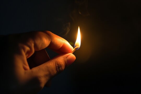 A hand holding a match with a flame